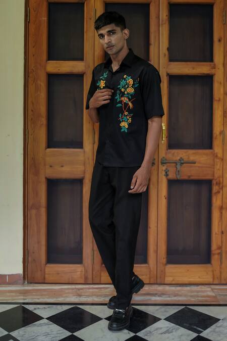 Tajiri Black Cotton Embroidery Chataeau Floral Shirt Online at Aza Fashions Tajiri_Black Cotton Embroidery Chataeau Floral Shirt _Online_at_Aza_Fashions