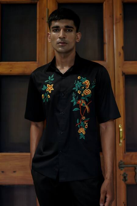 Buy Tajiri Black Cotton Embroidery Chataeau Floral Shirt Online at Aza Fashions Buy_Tajiri_Black Cotton Embroidery Chataeau Floral Shirt _Online_at_Aza_Fashions