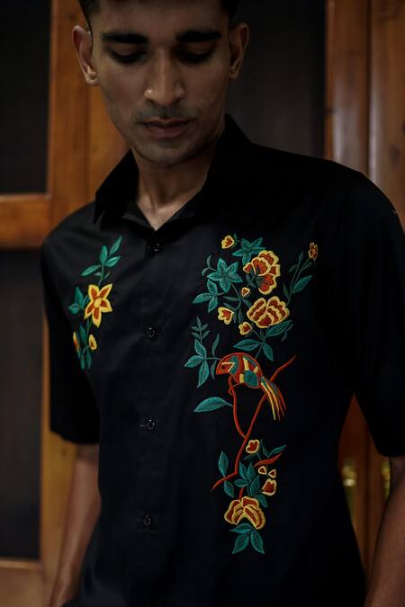 Shop Tajiri Black Cotton Embroidery Chataeau Floral Shirt Online at Aza Fashions Shop_Tajiri_Black Cotton Embroidery Chataeau Floral Shirt _Online_at_Aza_Fashions