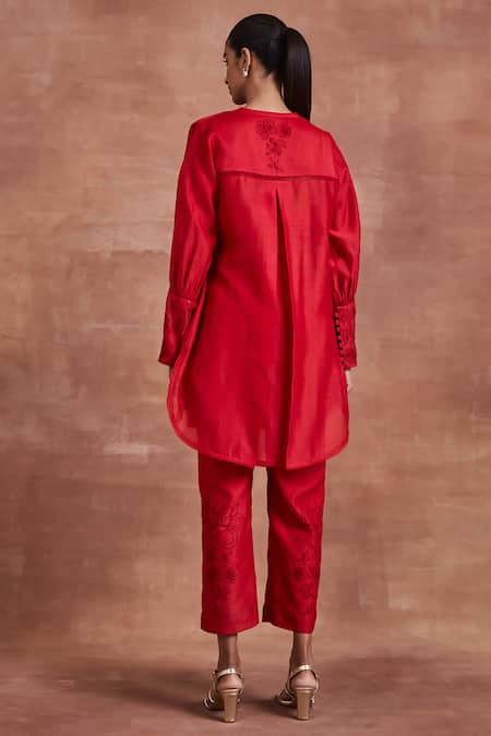 Shop Sue Mue Red , , Embroidery Prisha Floral Kurta And Pant Set at Aza Fashions Shop_Sue Mue_Red , , Embroidery Prisha Floral Kurta And Pant Set _at_Aza_Fashions