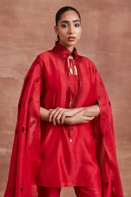 Buy Sue Mue Red Chanderi Silk Embroidery Collared, Round Vanya Cape Sleeve Kurta And Pant Set Online at Aza Fashions Buy_Sue Mue_Red Chanderi Silk Embroidery Collared, Round Vanya Cape Sleeve Kurta And Pant Set _Online_at_Aza_Fashions