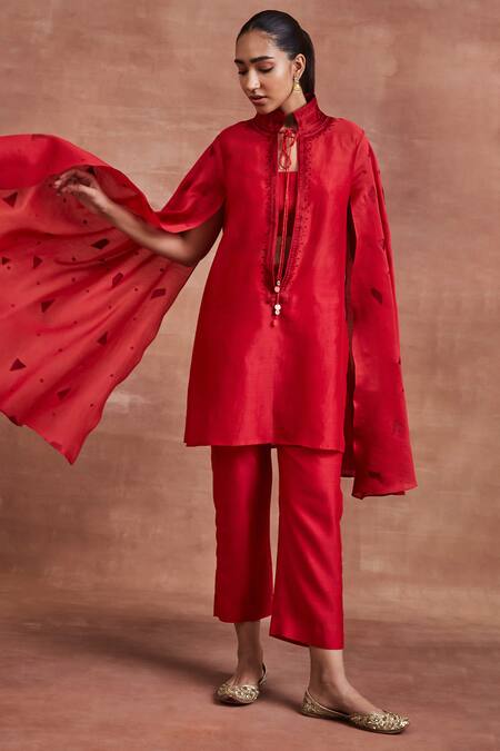 Shop Sue Mue Red Chanderi Silk Embroidery Collared, Round Vanya Cape Sleeve Kurta And Pant Set Online at Aza Fashions Shop_Sue Mue_Red Chanderi Silk Embroidery Collared, Round Vanya Cape Sleeve Kurta And Pant Set _Online_at_Aza_Fashions