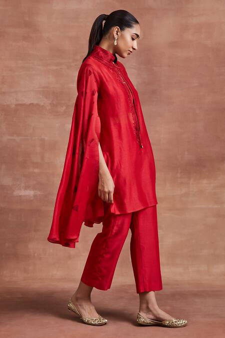 Sue Mue Red Chanderi Silk Embroidery Collared, Round Vanya Cape Sleeve Kurta And Pant Set at Aza Fashions Sue Mue_Red Chanderi Silk Embroidery Collared, Round Vanya Cape Sleeve Kurta And Pant Set _at_Aza_Fashions