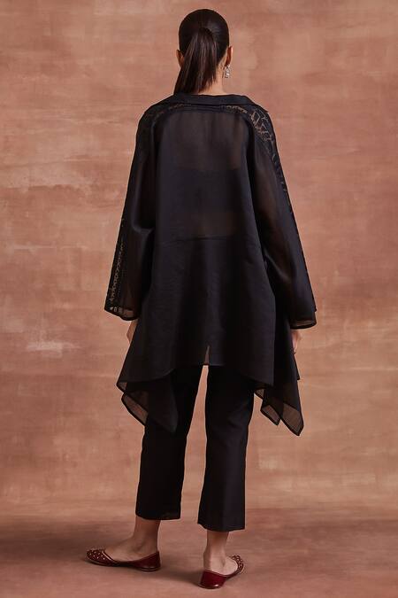 Shop_Sue Mue_Black Chanderi Silk Embroidery Collared Kiara Kaftan Top And Pant Co-ord Set _at_Aza_Fashions