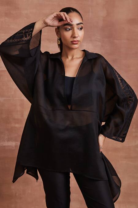 Sue Mue_Black Chanderi Silk Embroidery Collared Kiara Kaftan Top And Pant Co-ord Set _Online_at_Aza_Fashions