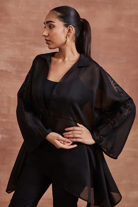 Buy_Sue Mue_Black Chanderi Silk Embroidery Collared Kiara Kaftan Top And Pant Co-ord Set _Online_at_Aza_Fashions