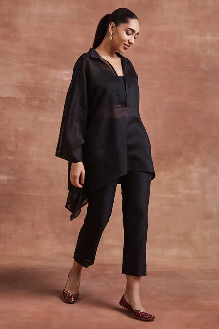 Shop_Sue Mue_Black Chanderi Silk Embroidery Collared Kiara Kaftan Top And Pant Co-ord Set _Online_at_Aza_Fashions