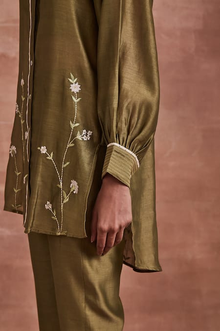 Buy Sue Mue Green Chanderi Silk Embroidery Collared Keya Floral Shirt And Pant Set Online at Aza Fashions Buy_Sue Mue_Green Chanderi Silk Embroidery Collared Keya Floral Shirt And Pant Set _Online_at_Aza_Fashions