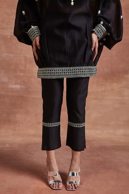 Sue Mue Black Chanderi Silk Embroidery Round Neck Vada Kaftan Top And Pant Set Online at Aza Fashions Sue Mue_Black Chanderi Silk Embroidery Round Neck Vada Kaftan Top And Pant Set _Online_at_Aza_Fashions