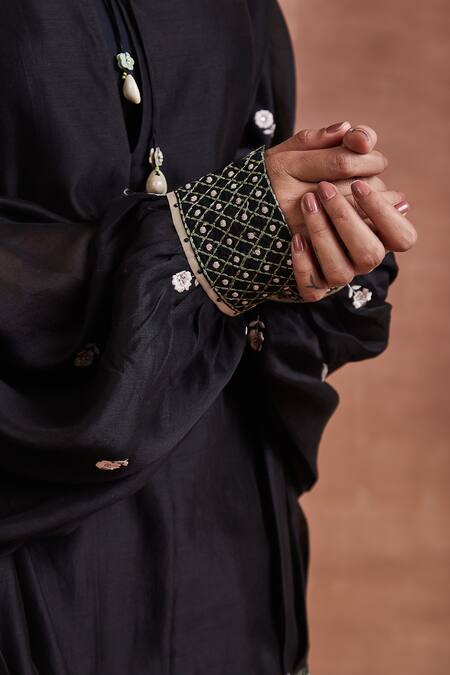 Buy Sue Mue Black Chanderi Silk Embroidery Round Neck Vada Kaftan Top And Pant Set Online at Aza Fashions Buy_Sue Mue_Black Chanderi Silk Embroidery Round Neck Vada Kaftan Top And Pant Set _Online_at_Aza_Fashions