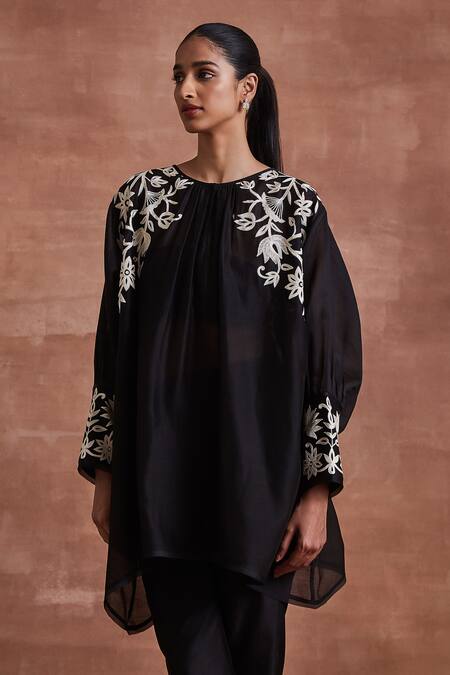 Buy_Sue Mue_Black Chanderi Silk Embroidery Round Neck Naisha Kaftan Top And Pant Set _Online_at_Aza_Fashions