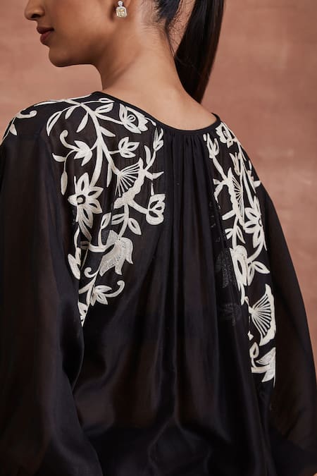 Shop_Sue Mue_Black Chanderi Silk Embroidery Round Neck Naisha Kaftan Top And Pant Set _Online_at_Aza_Fashions
