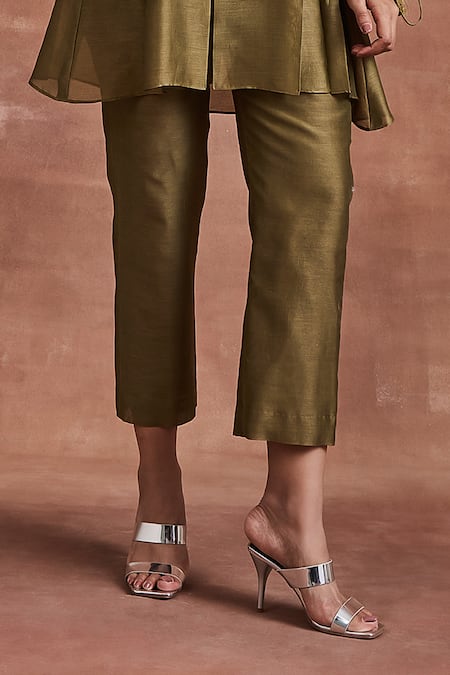 Sue Mue_Green Chanderi Silk Embroidery Collared Tara Tunic And Pant Set _Online_at_Aza_Fashions