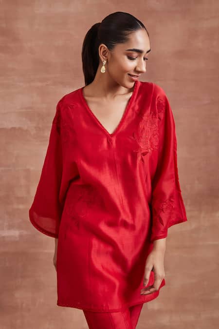 Shop_Sue Mue_Red Chanderi Silk Embroidery V-neck Mayra Kaftan Kurta And Pant Set _Online_at_Aza_Fashions