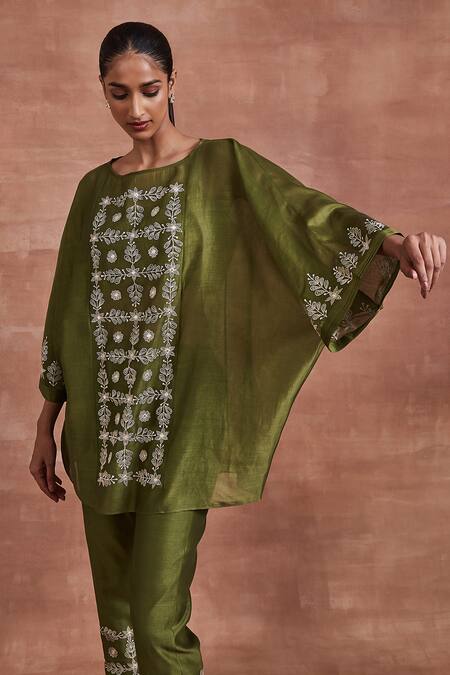 Shop_Sue Mue_Green Chanderi Silk Embroidery Boat Neck Dhani Kaftan Top And Pant Set _Online_at_Aza_Fashions