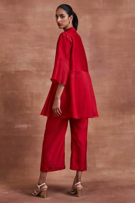 Shop Sue Mue Red Chanderi Silk Embroidery Collared Adhara Shirt And Pant Set at Aza Fashions Shop_Sue Mue_Red Chanderi Silk Embroidery Collared Adhara Shirt And Pant Set _at_Aza_Fashions