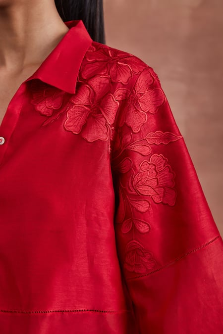 Sue Mue Red Chanderi Silk Embroidery Collared Adhara Shirt And Pant Set Online at Aza Fashions Sue Mue_Red Chanderi Silk Embroidery Collared Adhara Shirt And Pant Set _Online_at_Aza_Fashions