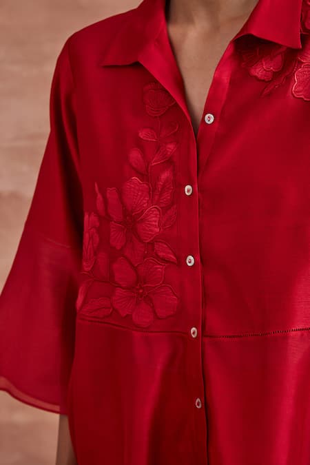 Buy Sue Mue Red Chanderi Silk Embroidery Collared Adhara Shirt And Pant Set Online at Aza Fashions Buy_Sue Mue_Red Chanderi Silk Embroidery Collared Adhara Shirt And Pant Set _Online_at_Aza_Fashions