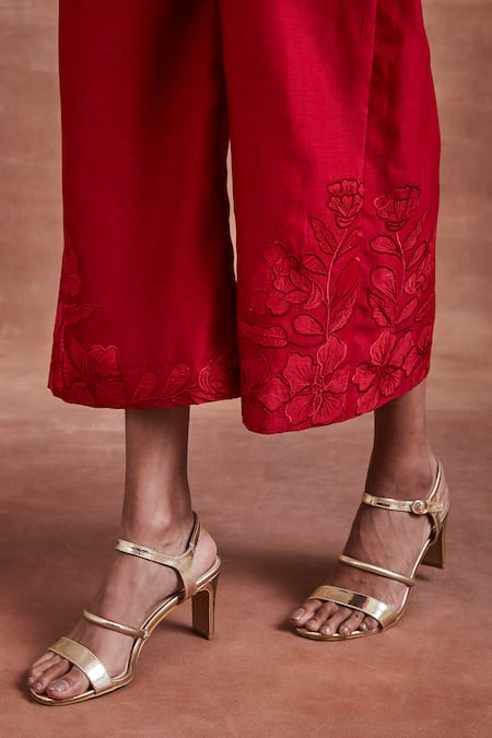 Shop Sue Mue Red Chanderi Silk Embroidery Collared Adhara Shirt And Pant Set Online at Aza Fashions Shop_Sue Mue_Red Chanderi Silk Embroidery Collared Adhara Shirt And Pant Set _Online_at_Aza_Fashions