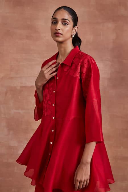 Sue Mue Red Chanderi Silk Embroidery Collared Adhara Shirt And Pant Set at Aza Fashions Sue Mue_Red Chanderi Silk Embroidery Collared Adhara Shirt And Pant Set _at_Aza_Fashions