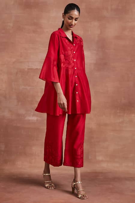 Buy Sue Mue Red Chanderi Silk Embroidery Collared Adhara Shirt And Pant Set Buy_Sue Mue_Red Chanderi Silk Embroidery Collared Adhara Shirt And Pant Set
