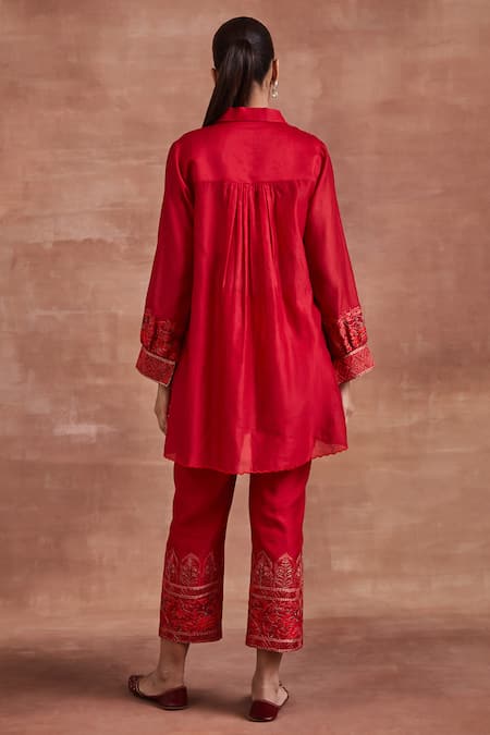 Sue Mue Red Chanderi Silk Embroidery Collared Lekh Shirt And Pant Set Online at Aza Fashions Sue Mue_Red Chanderi Silk Embroidery Collared Lekh Shirt And Pant Set _Online_at_Aza_Fashions