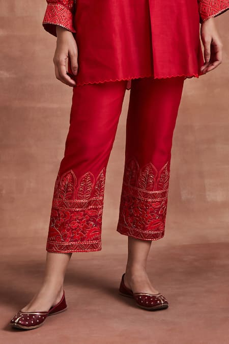 Buy Sue Mue Red Chanderi Silk Embroidery Collared Lekh Shirt And Pant Set Online at Aza Fashions Buy_Sue Mue_Red Chanderi Silk Embroidery Collared Lekh Shirt And Pant Set _Online_at_Aza_Fashions