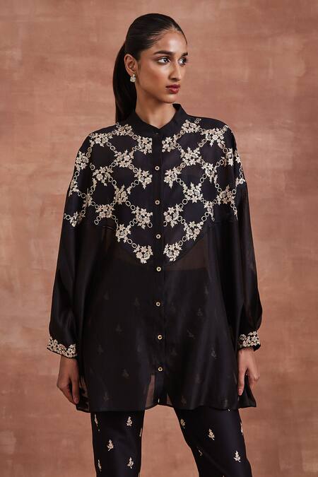 Sue Mue Black Chanderi Silk Embroidery Bandeau Neck Ramaya Shirt And Pant Set at Aza Fashions Sue Mue_Black Chanderi Silk Embroidery Bandeau Neck Ramaya Shirt And Pant Set _at_Aza_Fashions