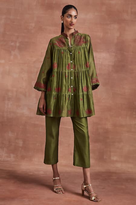 Sue Mue Veena Embroidered Tiered Shirt Tunic & Pant Set 