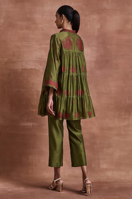 Sue Mue Veena Embroidered Tiered Shirt Tunic & Pant Set 
