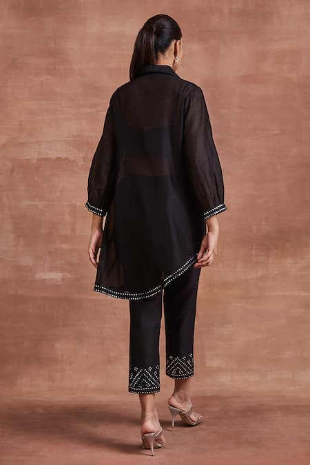 Shop_Sue Mue_Black Chanderi Silk Mirrors Collared Kunja Work Shirt And Pant Set _at_Aza_Fashions