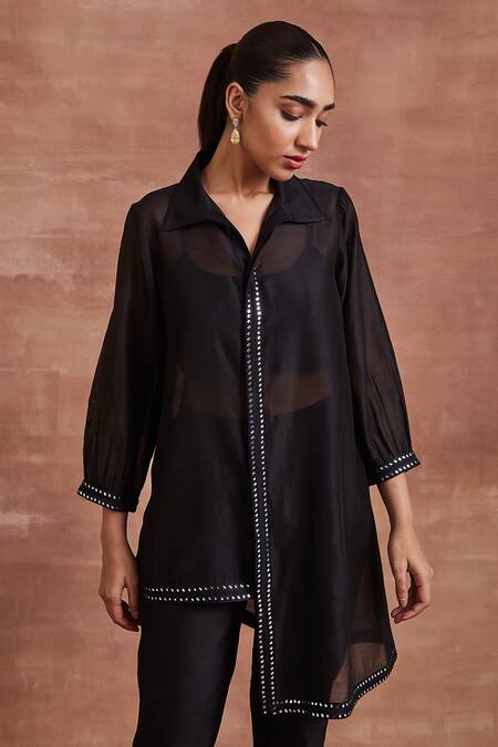 Buy_Sue Mue_Black Chanderi Silk Mirrors Collared Kunja Work Shirt And Pant Set _Online_at_Aza_Fashions