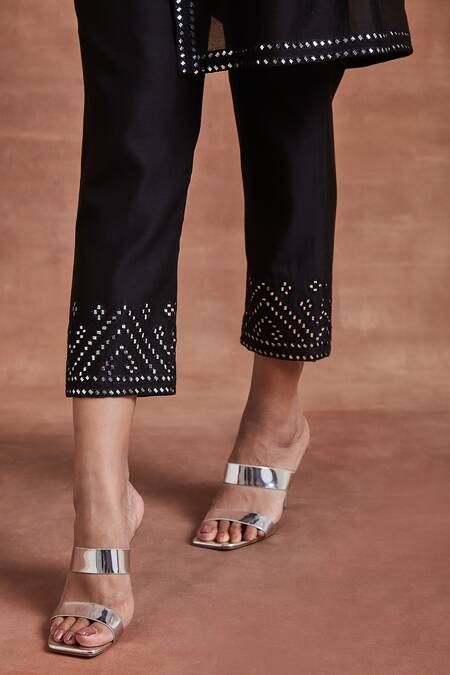 Shop_Sue Mue_Black Chanderi Silk Mirrors Collared Kunja Work Shirt And Pant Set _Online_at_Aza_Fashions
