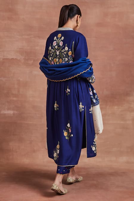 Shop Sue Mue Blue Silk, Handloom Cotton, Mohair, Hiral Floral Anarkali Set at Aza Fashions Shop_Sue Mue_Blue Silk, Handloom Cotton, Mohair, Hiral Floral Anarkali Set _at_Aza_Fashions