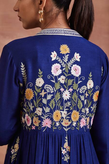 Sue Mue Blue Silk, Handloom Cotton, Mohair, Hiral Floral Anarkali Set Online at Aza Fashions Sue Mue_Blue Silk, Handloom Cotton, Mohair, Hiral Floral Anarkali Set _Online_at_Aza_Fashions