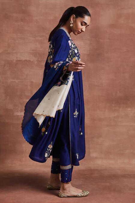Sue Mue Blue Silk, Handloom Cotton, Mohair, Hiral Floral Anarkali Set at Aza Fashions Sue Mue_Blue Silk, Handloom Cotton, Mohair, Hiral Floral Anarkali Set _at_Aza_Fashions