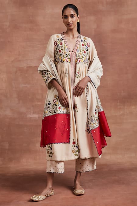 Sue Mue Beige Handwoven Monga Tussar Silk Embroidered Aayu Anarkali Set 