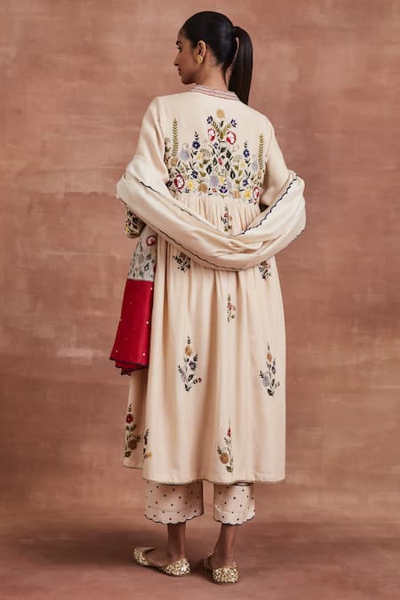 Shop Sue Mue Beige Silk, Handloom Cotton, Mohair, Aayu Floral Anarkali Set at Aza Fashions Shop_Sue Mue_Beige Silk, Handloom Cotton, Mohair, Aayu Floral Anarkali Set _at_Aza_Fashions