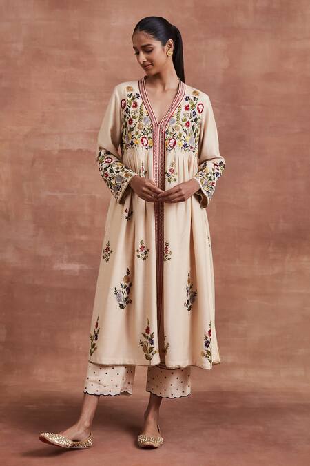 Sue Mue Beige Silk, Handloom Cotton, Mohair, Aayu Floral Anarkali Set Online at Aza Fashions Sue Mue_Beige Silk, Handloom Cotton, Mohair, Aayu Floral Anarkali Set _Online_at_Aza_Fashions
