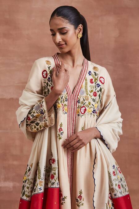 Shop Sue Mue Beige Silk, Handloom Cotton, Mohair, Aayu Floral Anarkali Set Online at Aza Fashions Shop_Sue Mue_Beige Silk, Handloom Cotton, Mohair, Aayu Floral Anarkali Set _Online_at_Aza_Fashions