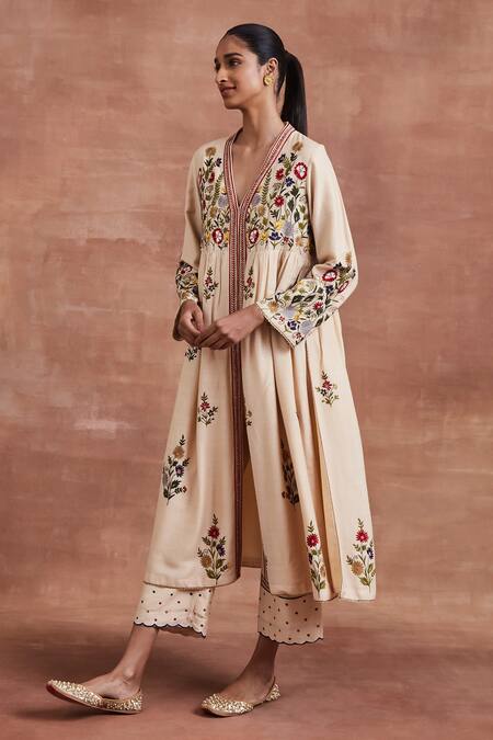 Buy Sue Mue Beige Silk, Handloom Cotton, Mohair, Aayu Floral Anarkali Set Buy_Sue Mue_Beige Silk, Handloom Cotton, Mohair, Aayu Floral Anarkali Set