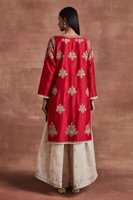 Shop Sue Mue Red Chanderi Silk Embroidery Round Neck Dipal Kurta And Palazzo Set at Aza Fashions Shop_Sue Mue_Red Chanderi Silk Embroidery Round Neck Dipal Kurta And Palazzo Set _at_Aza_Fashions