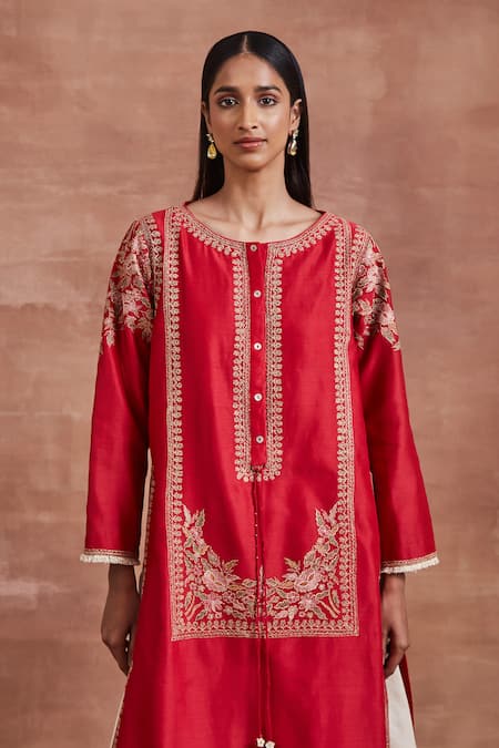 Buy Sue Mue Red Chanderi Silk Embroidery Round Neck Dipal Kurta And Palazzo Set Online at Aza Fashions Buy_Sue Mue_Red Chanderi Silk Embroidery Round Neck Dipal Kurta And Palazzo Set _Online_at_Aza_Fashions