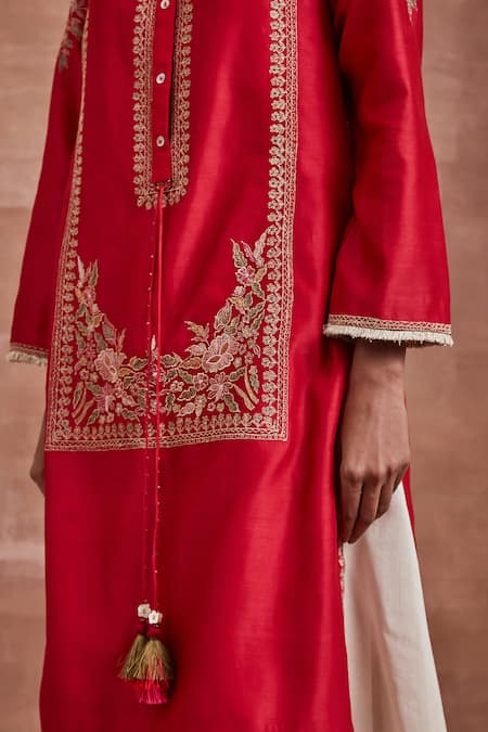 Shop Sue Mue Red Chanderi Silk Embroidery Round Neck Dipal Kurta And Palazzo Set Online at Aza Fashions Shop_Sue Mue_Red Chanderi Silk Embroidery Round Neck Dipal Kurta And Palazzo Set _Online_at_Aza_Fashions