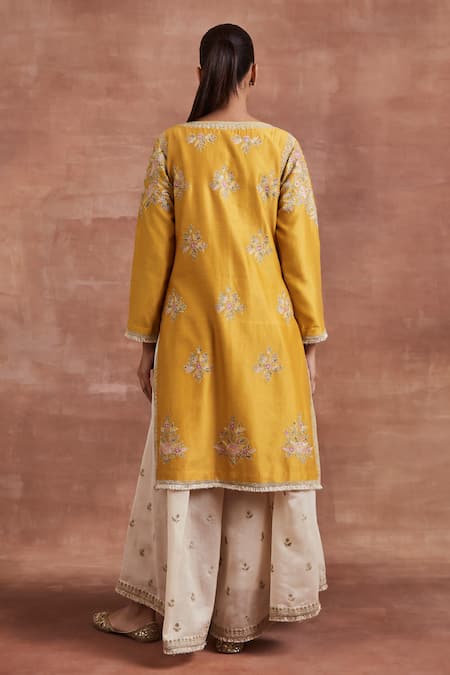 Shop Sue Mue Yellow Chanderi Silk Embroidery Round Neck Chahal Kurta And Palazzo Set at Aza Fashions Shop_Sue Mue_Yellow Chanderi Silk Embroidery Round Neck Chahal Kurta And Palazzo Set _at_Aza_Fashions