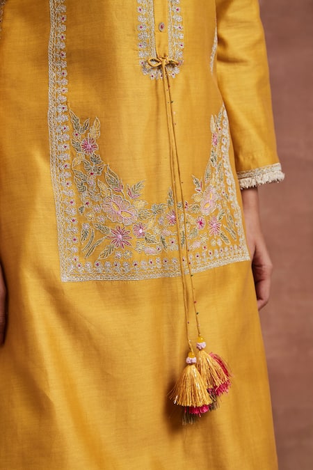Sue Mue Yellow Chanderi Silk Embroidery Round Neck Chahal Kurta And Palazzo Set Online at Aza Fashions Sue Mue_Yellow Chanderi Silk Embroidery Round Neck Chahal Kurta And Palazzo Set _Online_at_Aza_Fashions