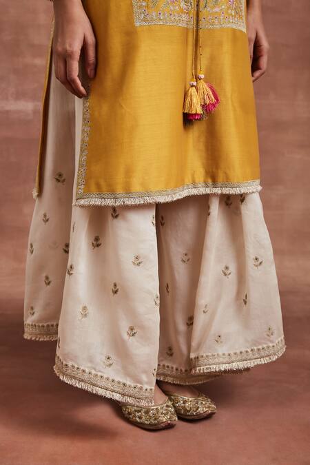 Buy Sue Mue Yellow Chanderi Silk Embroidery Round Neck Chahal Kurta And Palazzo Set Online at Aza Fashions Buy_Sue Mue_Yellow Chanderi Silk Embroidery Round Neck Chahal Kurta And Palazzo Set _Online_at_Aza_Fashions