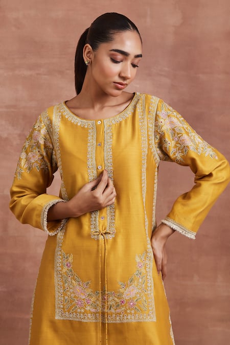Shop Sue Mue Yellow Chanderi Silk Embroidery Round Neck Chahal Kurta And Palazzo Set Online at Aza Fashions Shop_Sue Mue_Yellow Chanderi Silk Embroidery Round Neck Chahal Kurta And Palazzo Set _Online_at_Aza_Fashions
