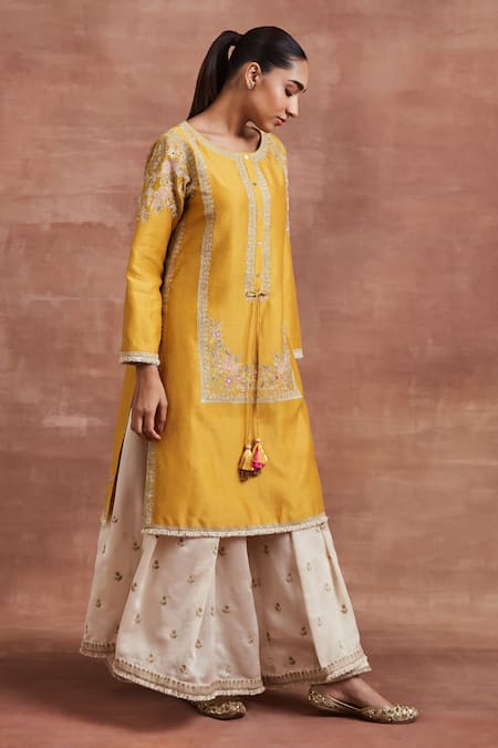 Sue Mue Yellow Chanderi Silk Embroidery Round Neck Chahal Kurta And Palazzo Set at Aza Fashions Sue Mue_Yellow Chanderi Silk Embroidery Round Neck Chahal Kurta And Palazzo Set _at_Aza_Fashions