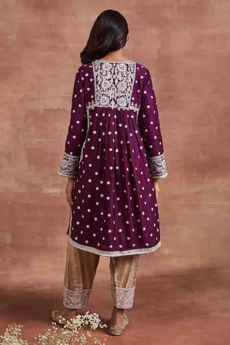 Shop_Sue Mue_Purple Tissue, Silk, Linen Embroidery Split Lahar Dori Gathered Kurta Set _at_Aza_Fashions